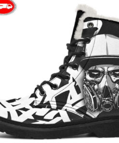 skull and gaz mask faux fur leather boots 1