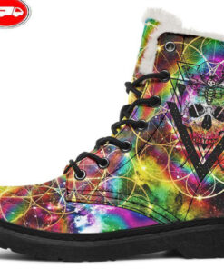 skull and magic circles faux fur leather boots 1