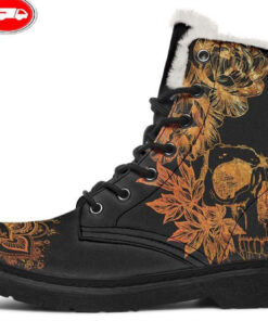 skull and mandala gold faux fur leather boots 1