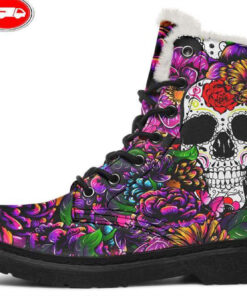 skull and mandala party faux fur leather boots 1