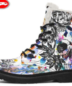 skull and mandala watercolors faux fur leather boots 1