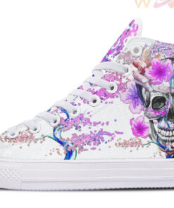 skull and purple flower painting high top canvas shoes