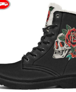 skull and red rose traditional tattoo faux fur leather boots 1
