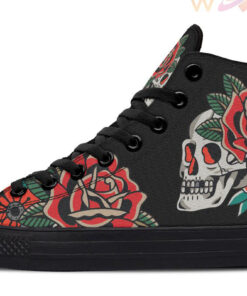 skull and red rose traditional tattoo high top canvas shoes