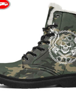 skull biker camo faux fur leather boots