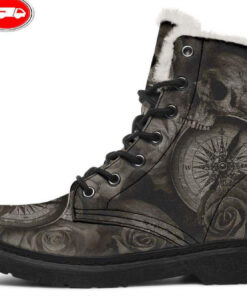 skull compass faux fur leather boots