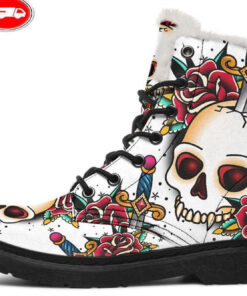 skull dagger knife roses faux fur leather boots