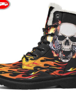 skull fire background faux fur leather boots