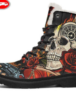 skull gun and rose faux fur leather boots
