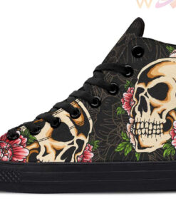 skull head and beautiful pink flowers high top canvas shoes