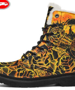 skull mandala orange faux fur leather boots