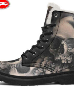 skull rose butterfly faux fur leather boots