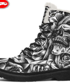 skull rose cartoon style faux fur leather boots