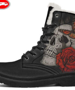 skull rose monarch faux fur leather boots