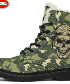 soldier skull faux fur leather boots