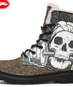 steel diamond skull weights faux fur leather boots