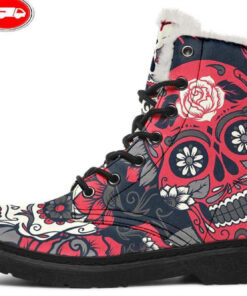 sugar skull pattern faux fur leather boots