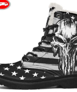 usa punisher black white faux fur leather boots