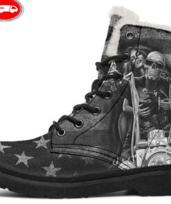 vintage flag chopper skull faux fur leather boots 1