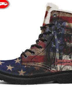 vintage flag color chopper skull faux fur leather boots 1