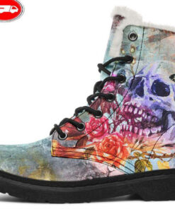 watercolor skull and butterfly faux fur leather boots 1