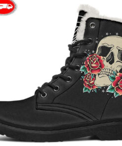 white rose skull faux fur leather boots 1