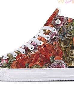 white skull and flowers high top canvas shoes