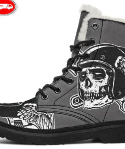 wings and skull faux fur leather boots 1